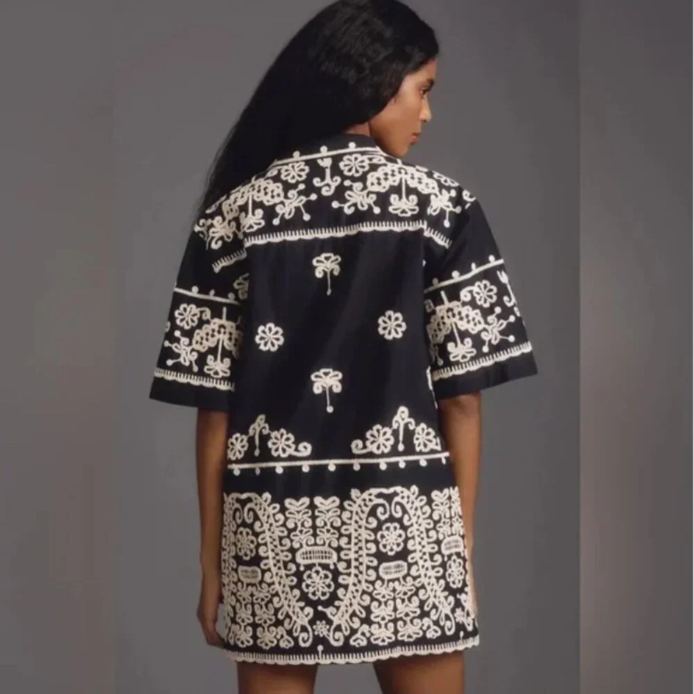 Maeve Anthropologie Black Short Sleeve Embroidered Collared Mini Shirt Dress - Picture 6 of 10